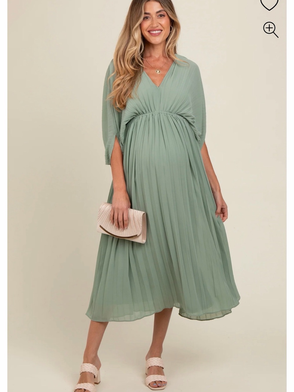 Pink Blush Maternity Light Olive Pleated V Neck Maxi Dress - Size Medium